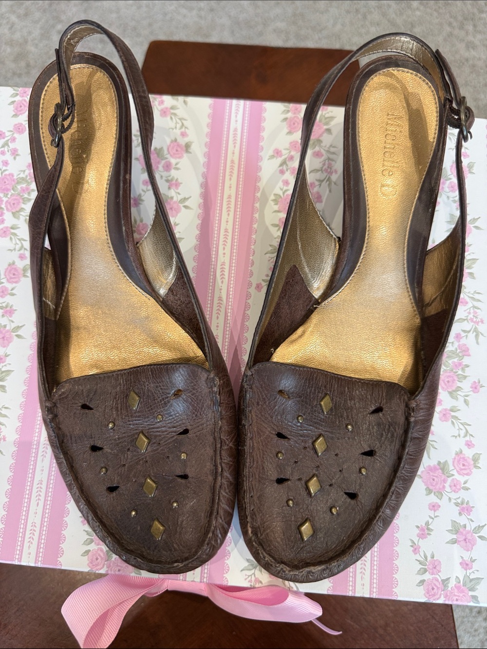 Michelle D Brown Leather Perforated Slingback Mules